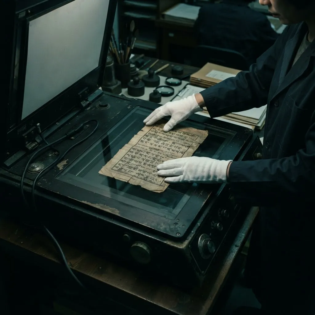 An archivist in white gloves placing a manuscript on a flatbed scanner