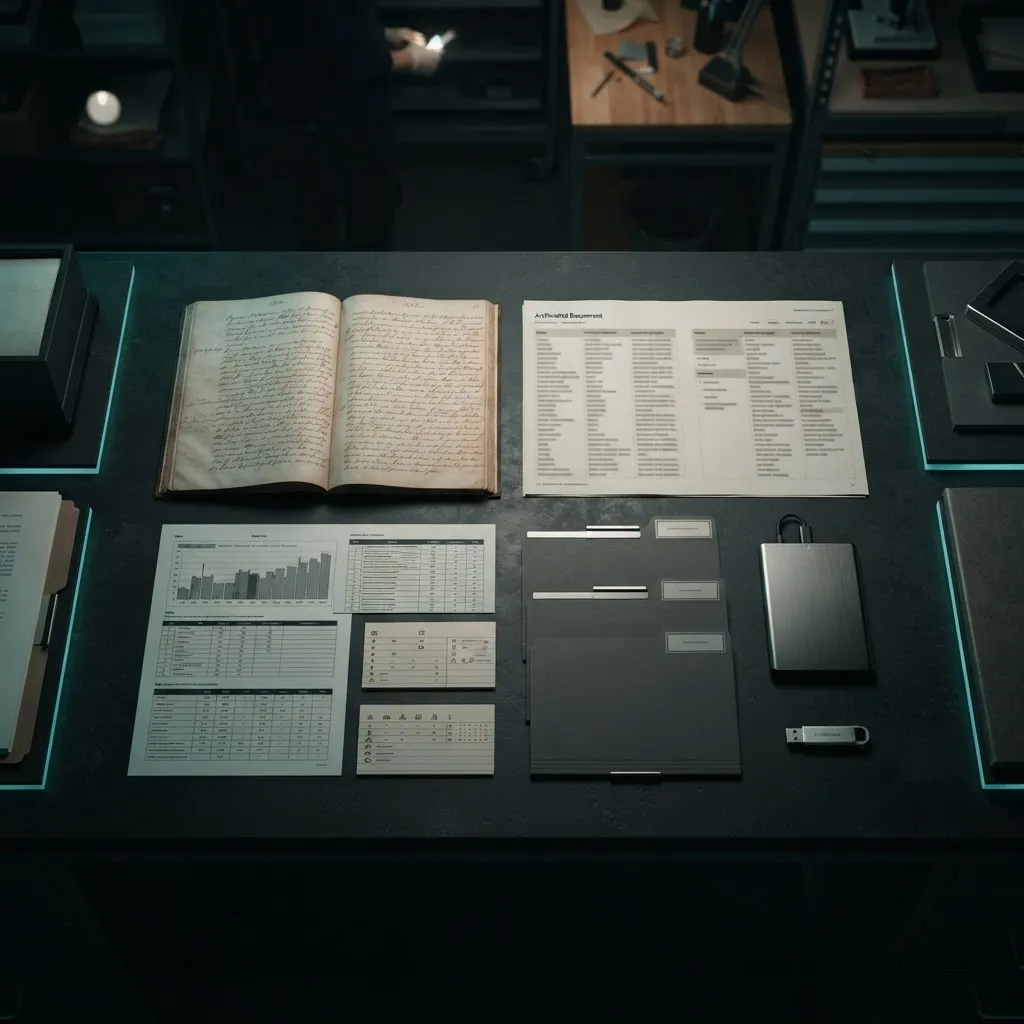 Organised digital and physical archival outputs on a desk