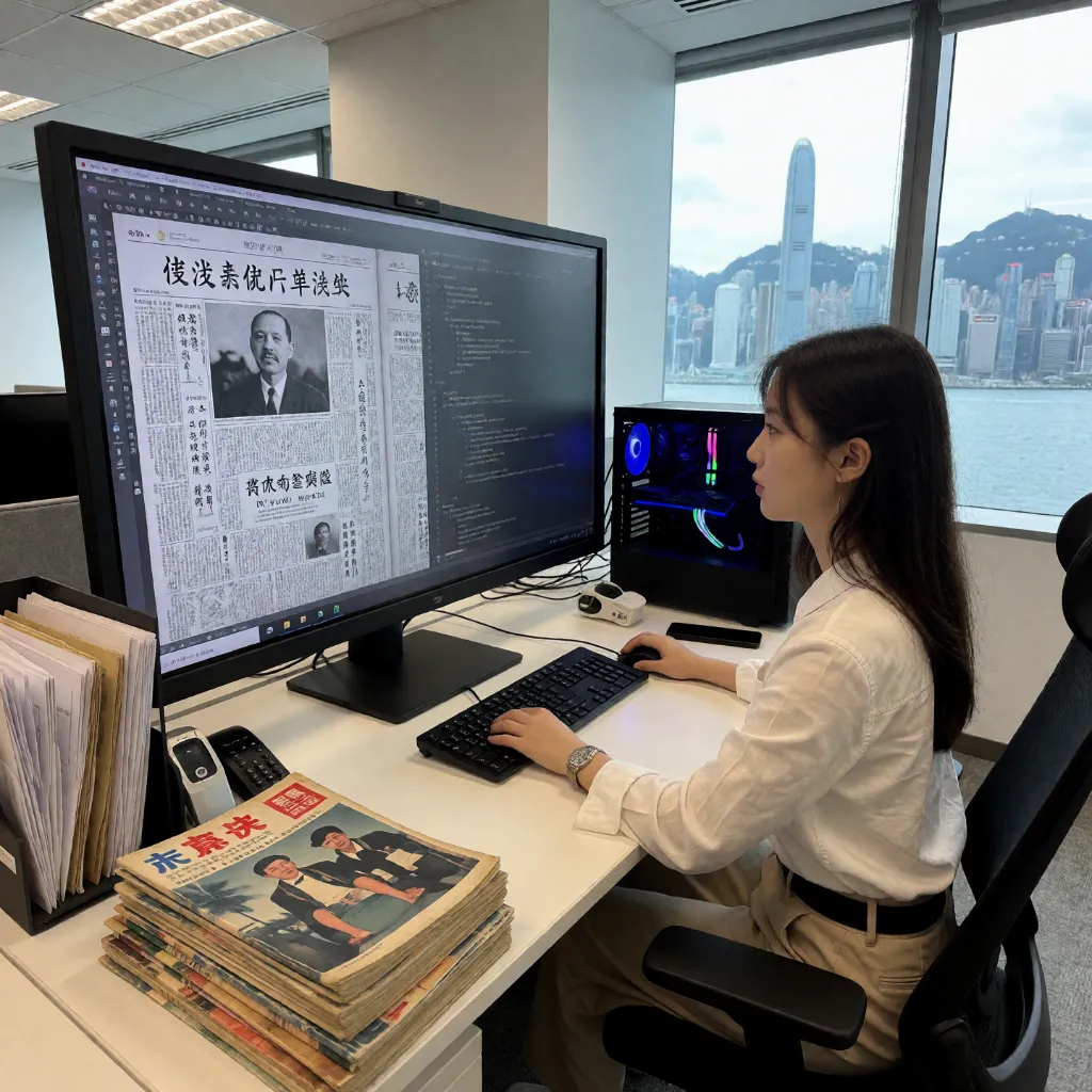 An archive specialist reviewing OCR output of a Chinese newspaper page