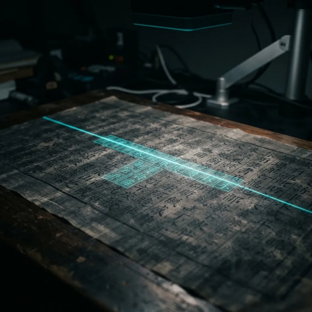 A historical manuscript on a scanner under a scanning beam