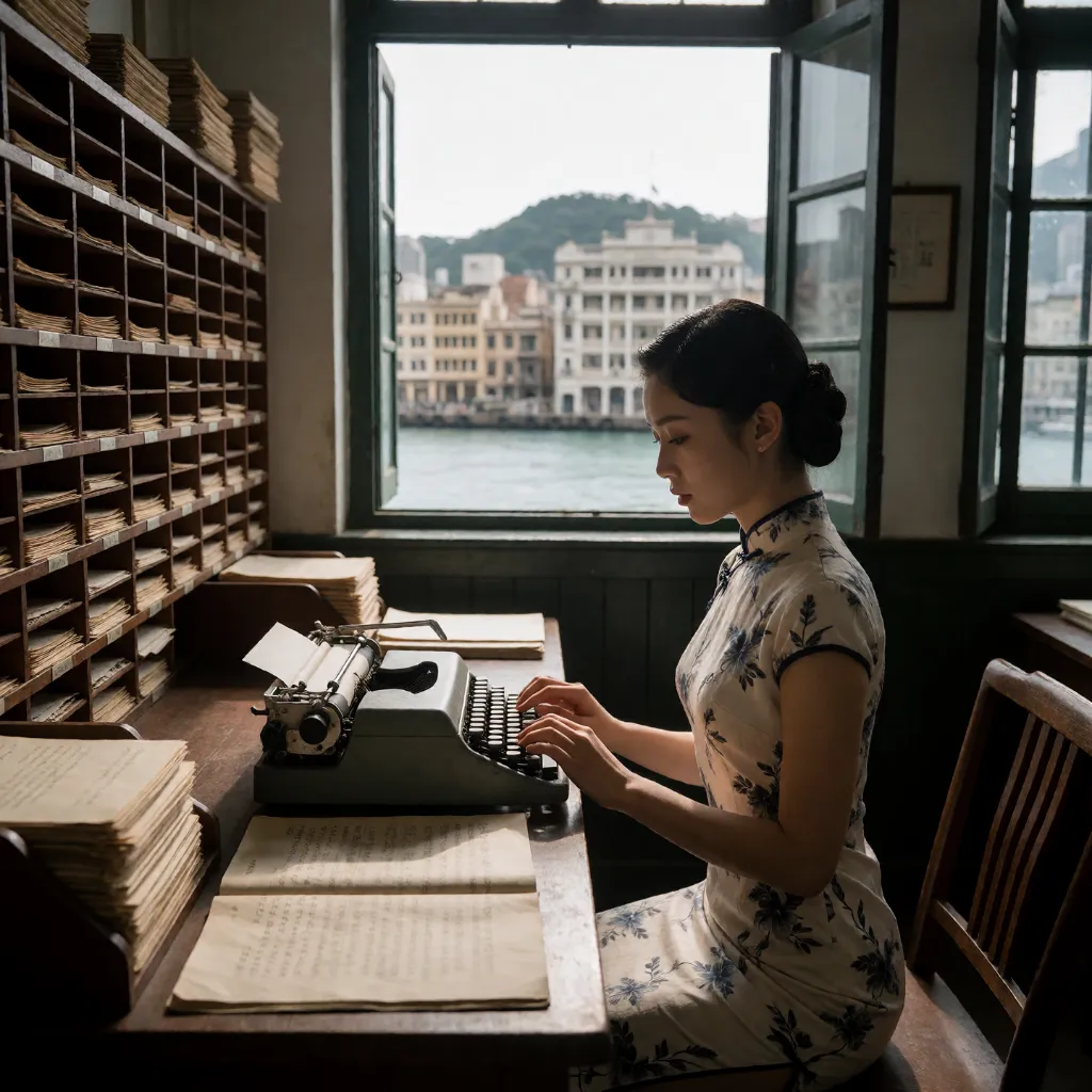 A Hong Kong stenographer at a typewriter by a window